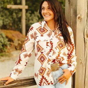 Cream Aztec Button Down Long Sleeve Top
